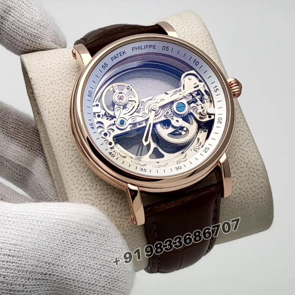 Patek Philippe Skeleton Rose Gold Leather Strap High Quality Swiss Automatic Watch Billionare Watches